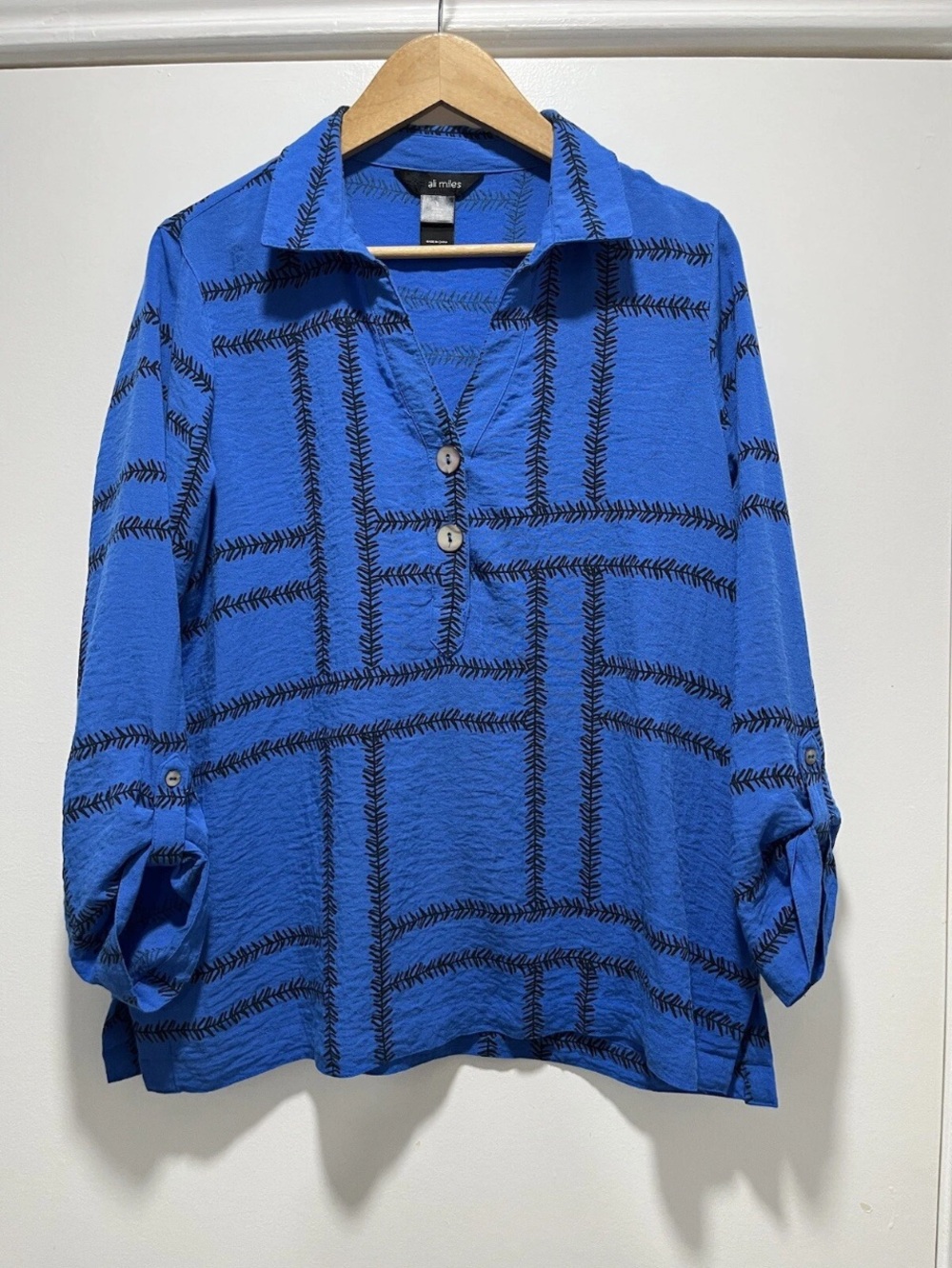Ali Miles Button Popover Blue Black Boxy Lagenlook Top Size Small